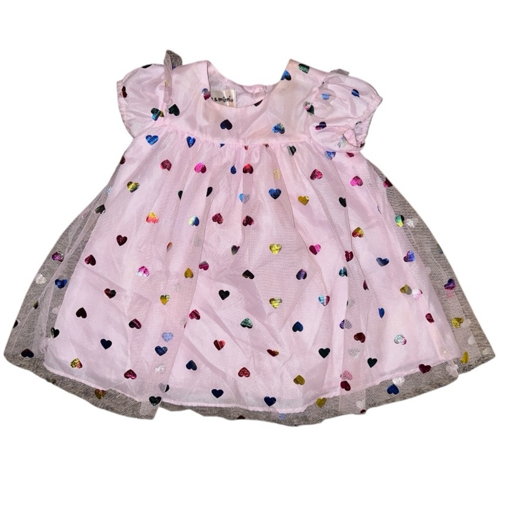 Mia & Mimi Pink Tulle Party Dress with Rainbow Foil Hearts Size 6-9 months